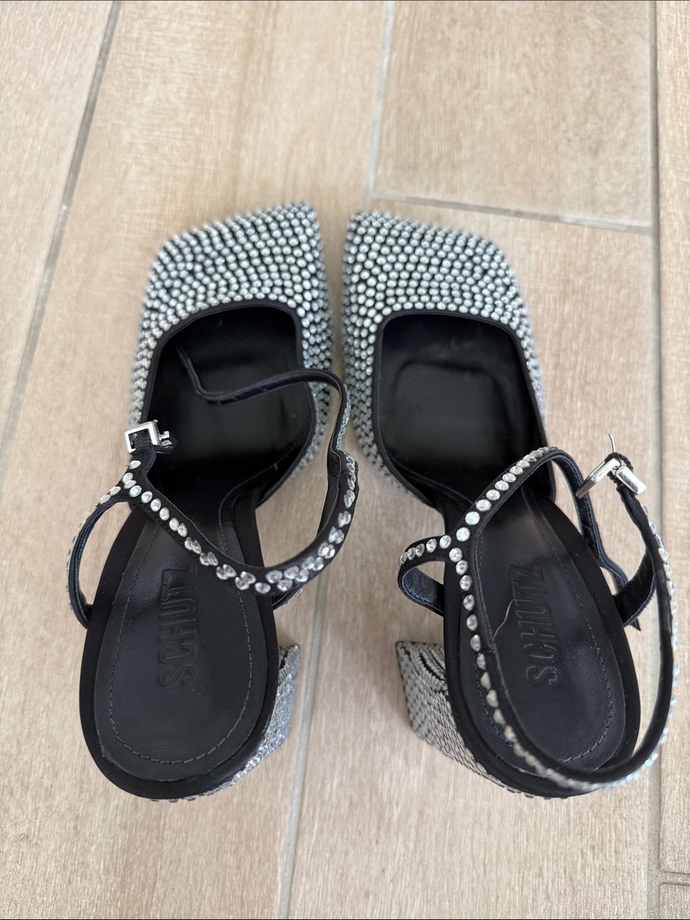 SCHUTZ Black Rhinestone Square-Toe Slingback Heels 10 Jaycie - Picture 4 of 12